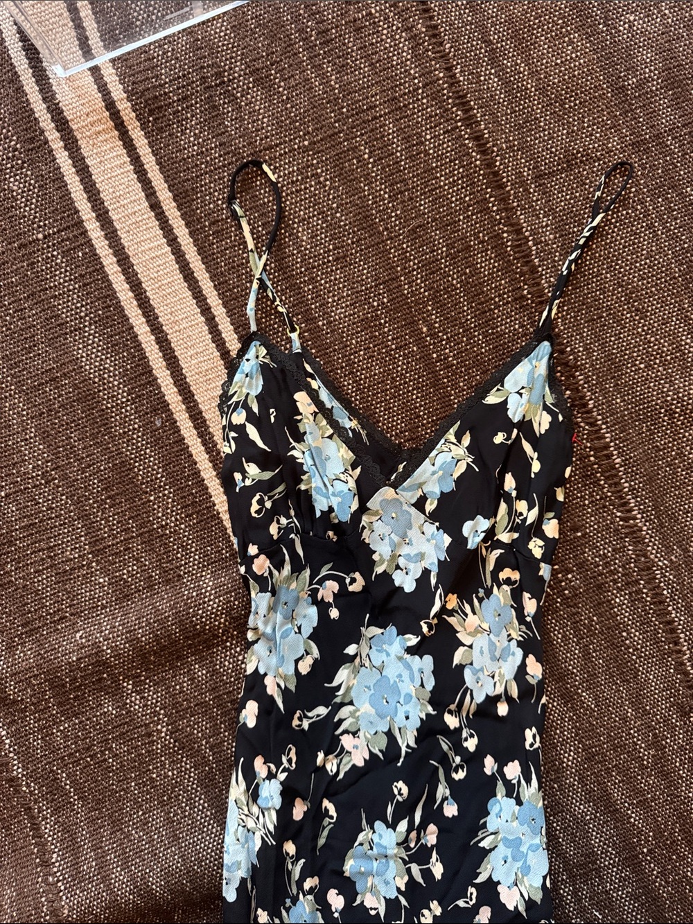 VINTAGE Floral Black Maxi Slip Dress with Light Blue Blooms - Picture 2 of 7